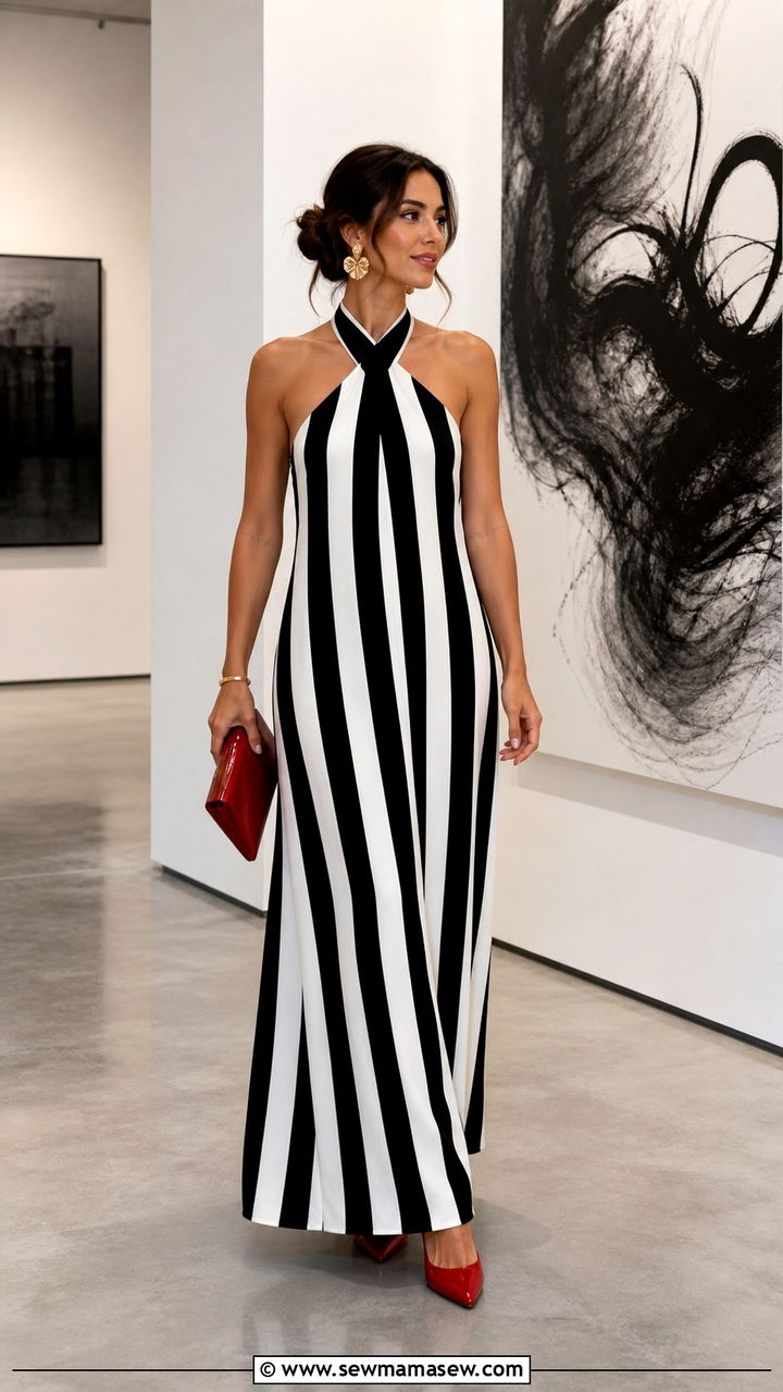 Monochrome Black And White Maxi Dress With Red Pumps - 40 maxi dress outfits