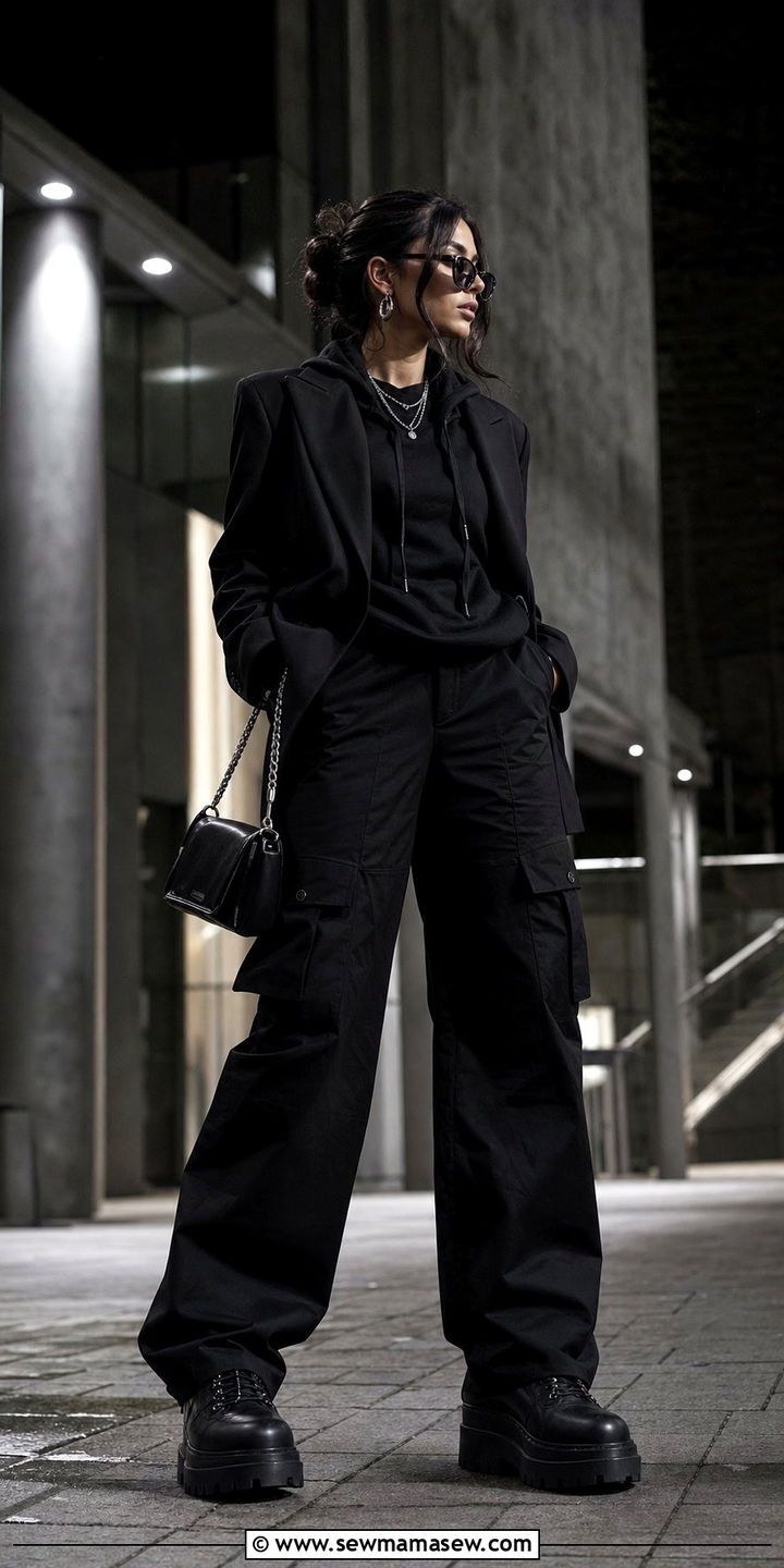 Monochrome Black Blazer With Hoodie And Cargo Pants - 25 classy streetwear outfits