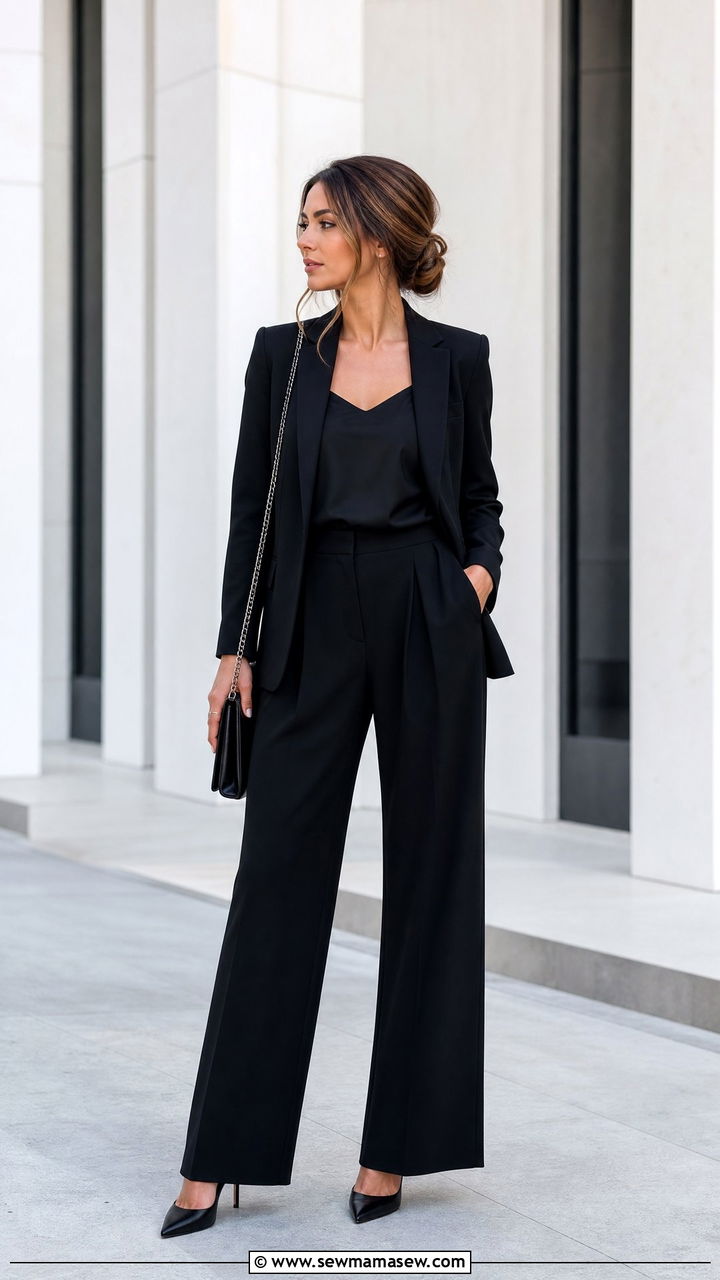 Monochrome Black Blazer and Wide Leg Trousers Office Look - 35 Minimalist work outfit ideas