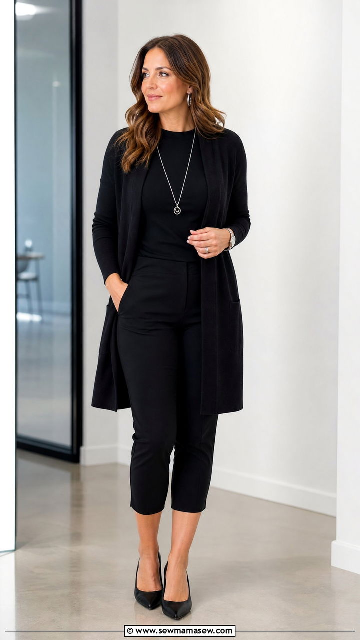 Monochrome Black Capri Pants With Fitted Top And Long Cardigan - 25 Capri outfit ideas