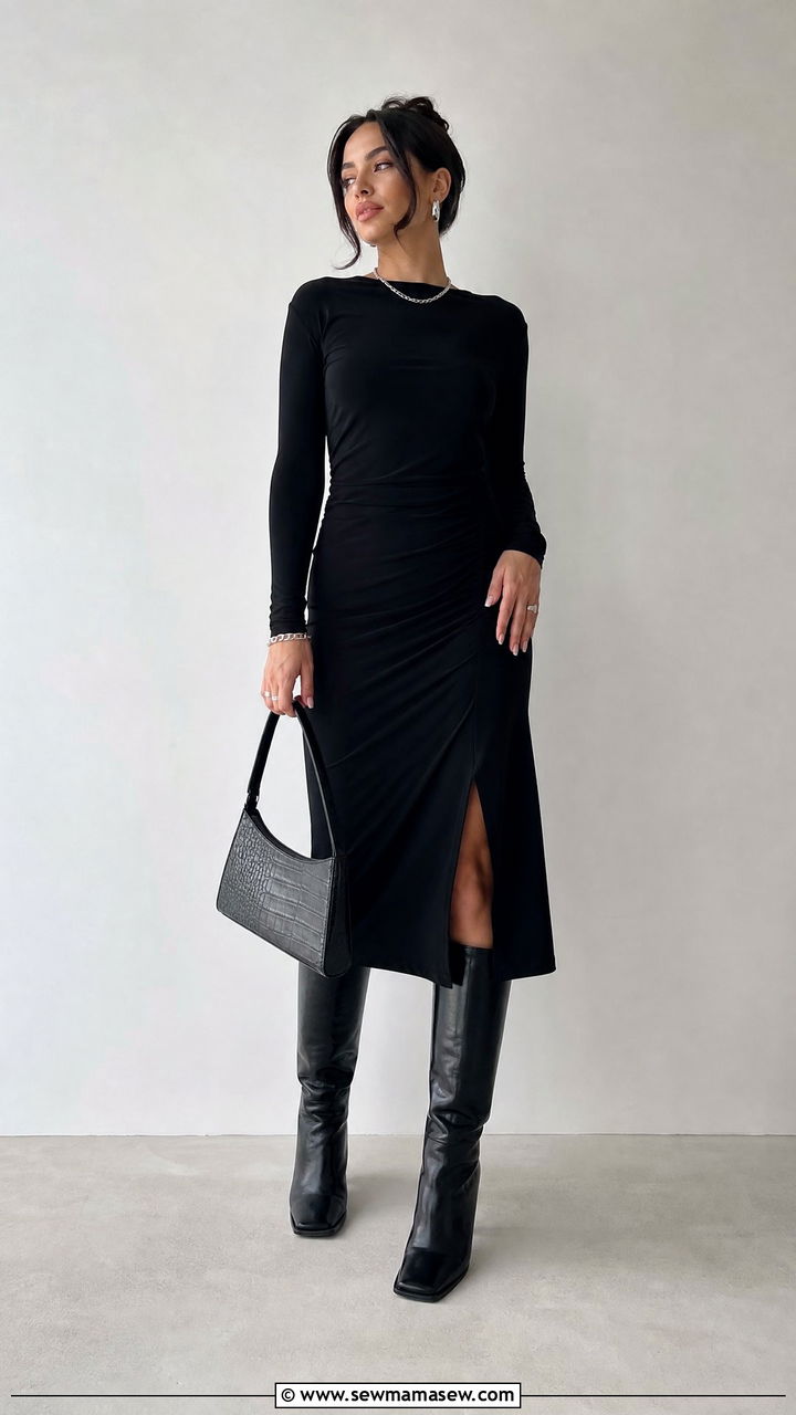 Monochrome Black Dress With Black Knee High Boots - 25 Knee high boots outfit ideas with a dress
