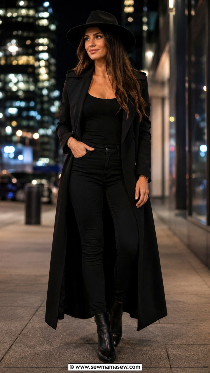 Monochrome Black Duster Coat with Skinny Jeans and Boots - 30 Duster coat outfit ideas
