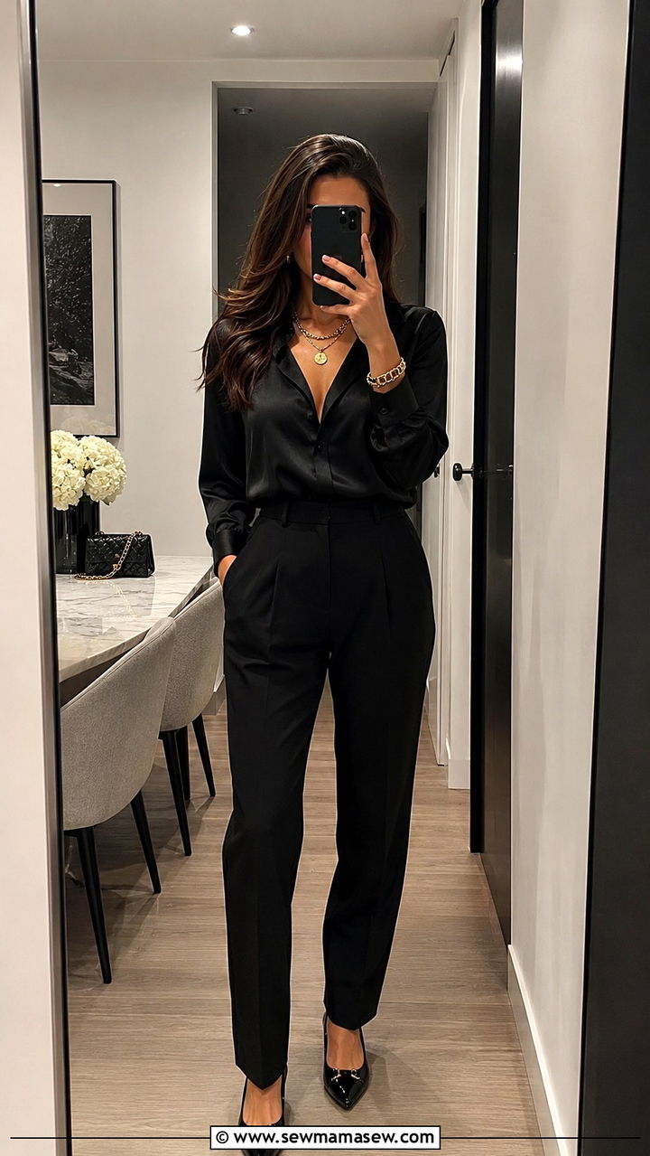 Monochrome Black Outfit with Gold Accessories Outfit - 30 Quiet luxury wardrobe essentials