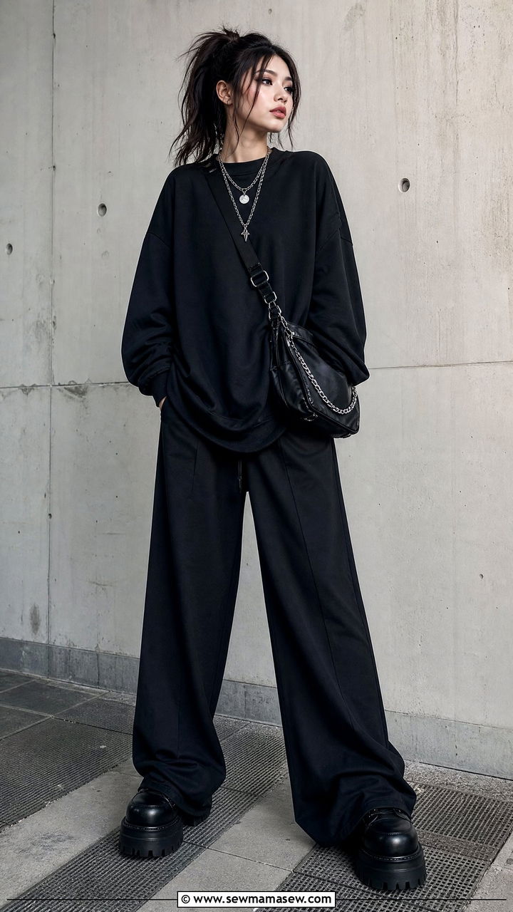 Monochrome Black Oversized Sweatshirt With Wide Leg Pants - 35 Billie Eilish concert outfit ideas
