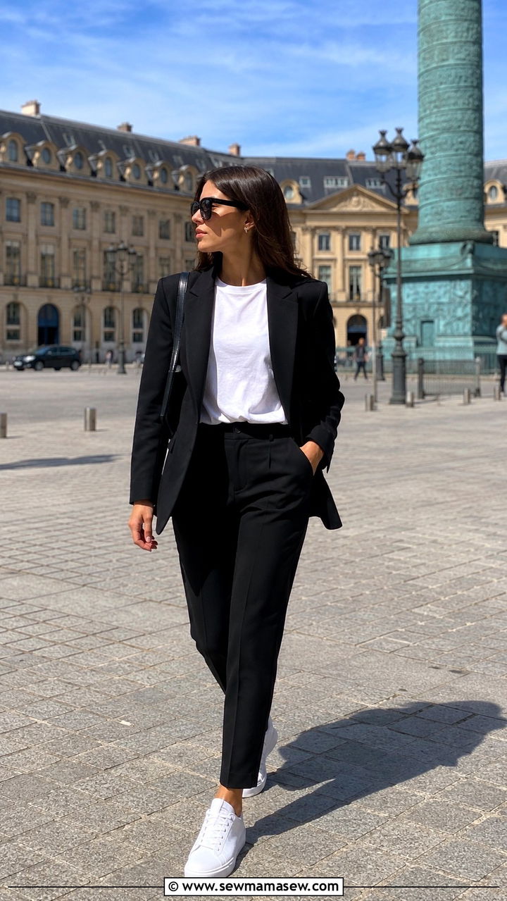 Monochrome Black Suit With A White Tee And Sneakers - 20 French girl outfit ideas Caroline de Maigret