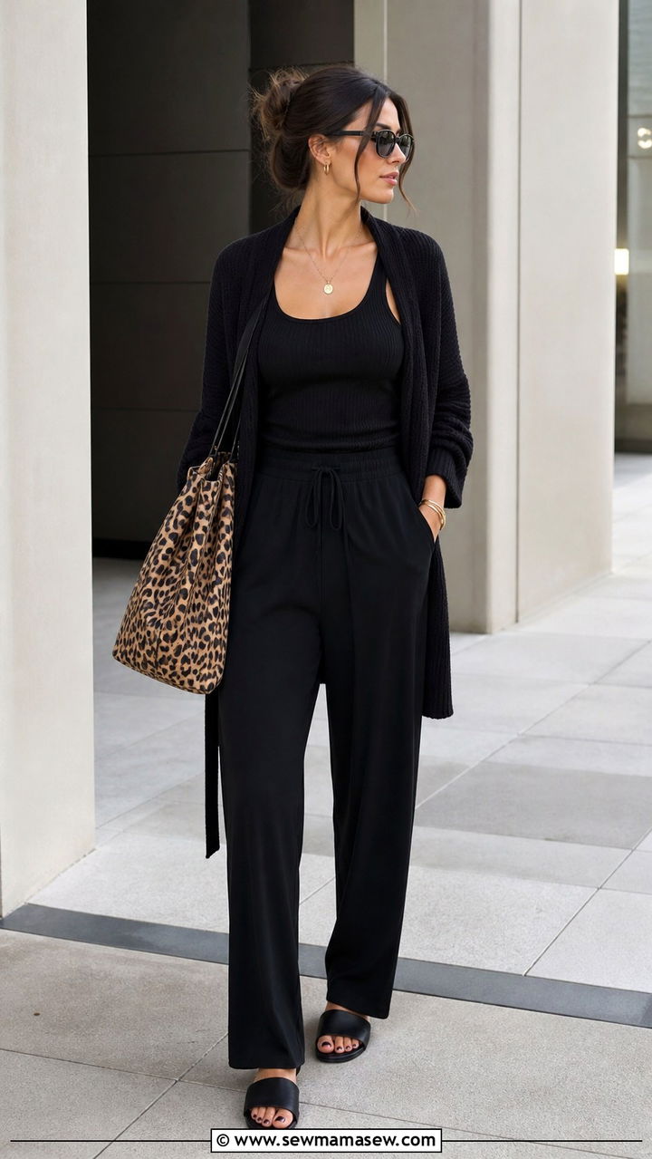 Monochrome Black Travel Outfit With Textured Accessories - 40 travel outfits ideas