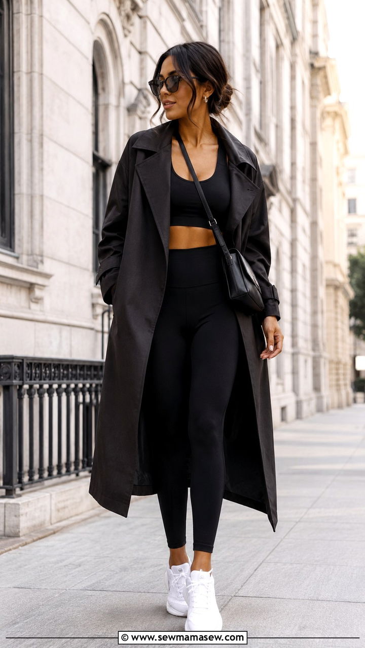 Monochrome Black Yoga Set With Lightweight Trench - 25 Yoga outfit ideas aesthetic