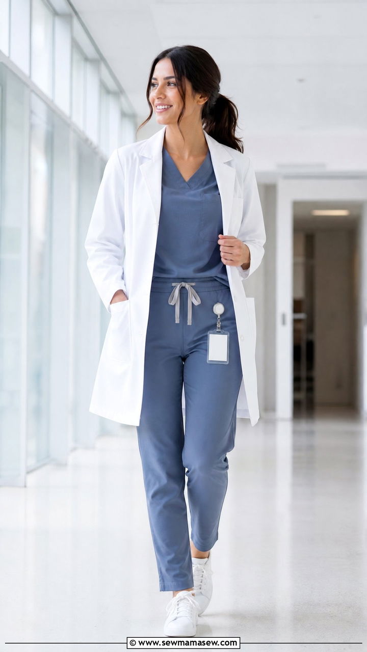Monochrome Blue Scrubs With White Coat Doctor Outfit - 25 Female doctor outfit ideas