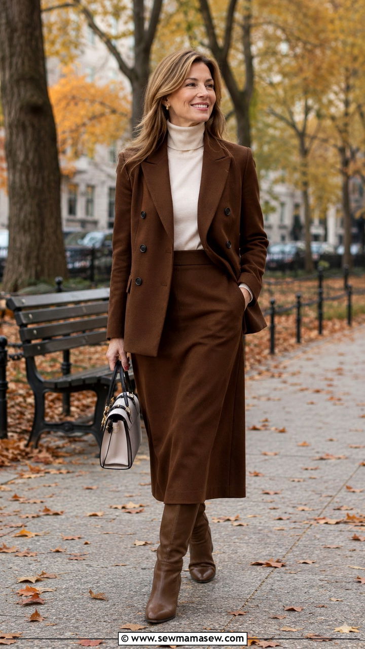 Monochrome Brown Midi Skirt With Blazer And Boots - 30 midi skirt outfits for women over 40
