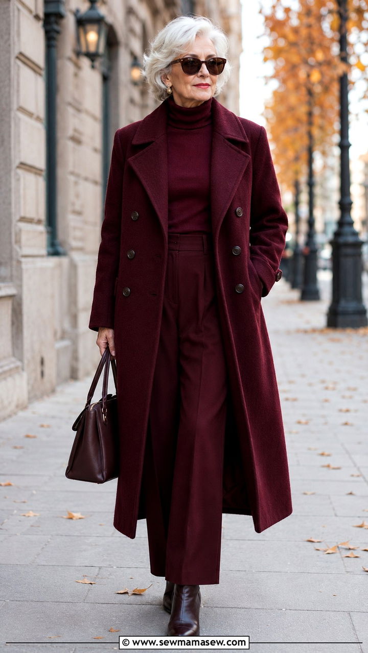 Monochrome Burgundy Coat with Trousers Outfit - 30 Chic outfit ideas for women over 60