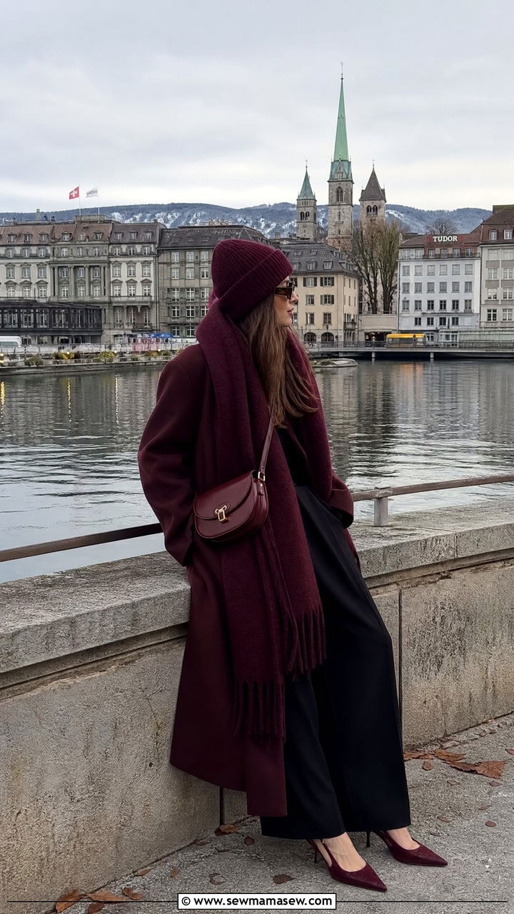 Monochrome Burgundy Outfit For Geneva Streets - 25 Geneva outfit ideas