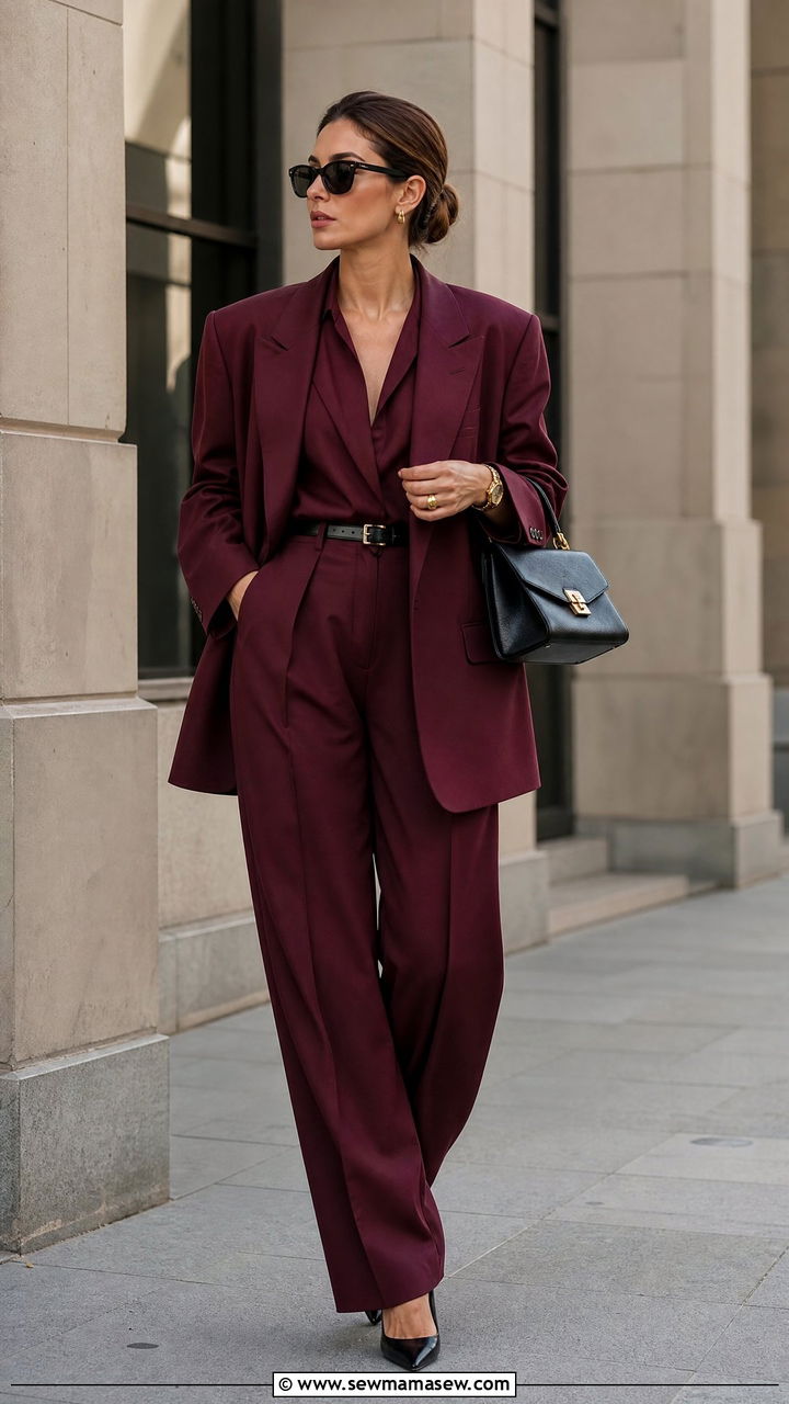 Monochrome Burgundy Power Suit Outfit - 25 classy glamoratti outfits