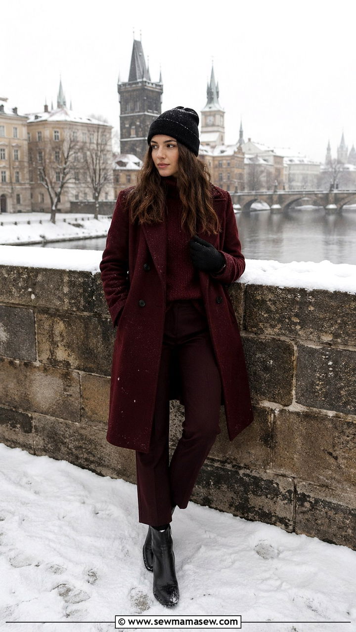 Monochrome Burgundy Winter Look With Beanie And Gloves For Prague - 40 What to wear in Prague