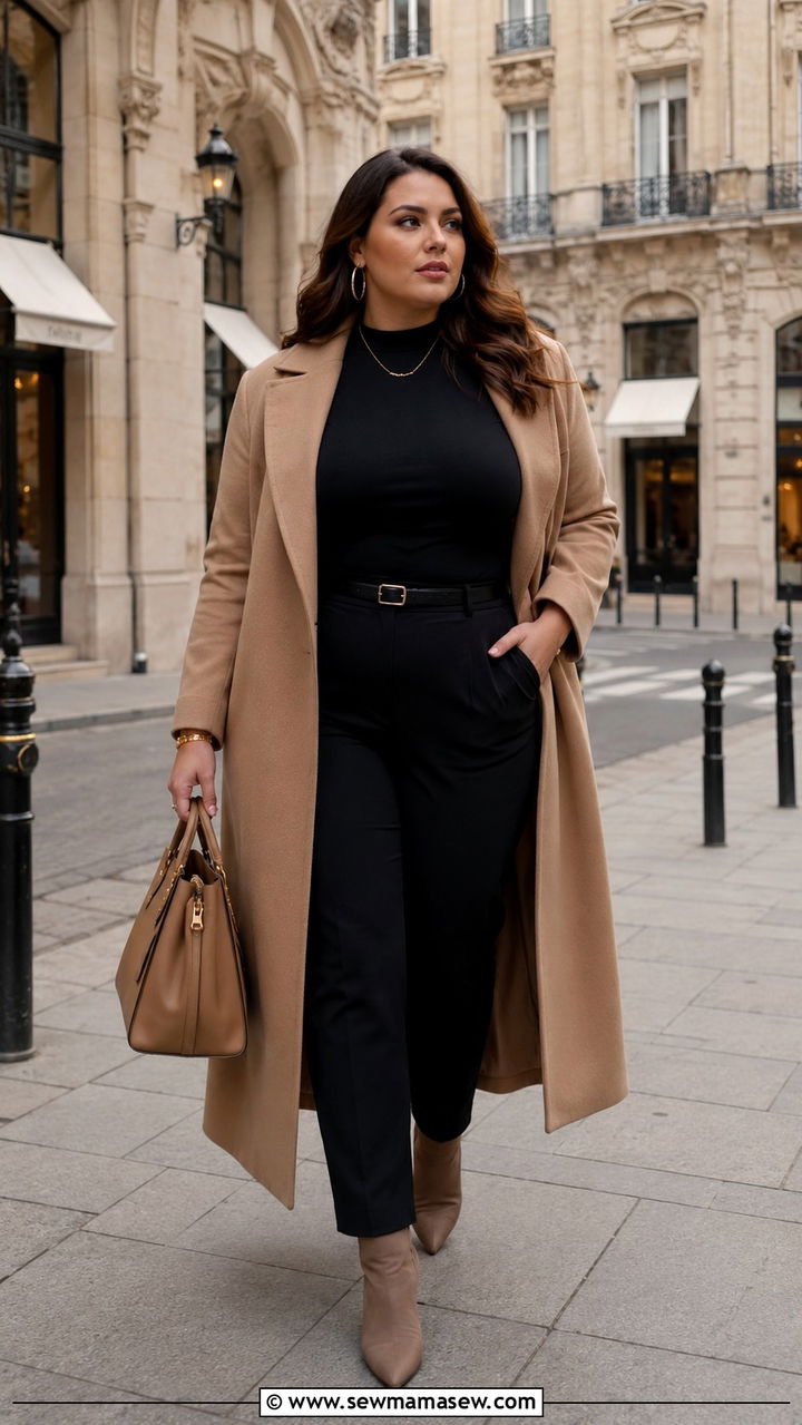 Monochrome Camel Coat Travel Outfit Curvy Women - 25 Travel outfit ideas curvy women