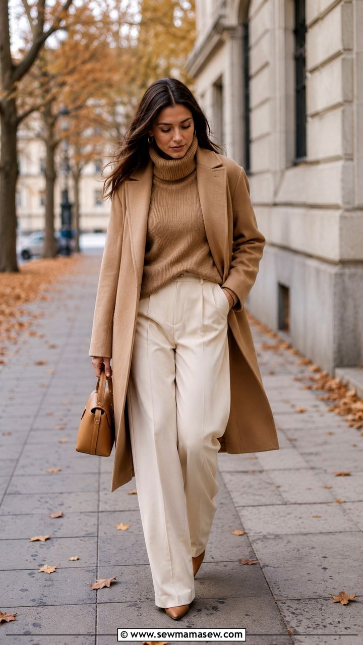 Monochrome Camel Coat With Matching Knit And Cream Trousers - 20 Profile photo outfit ideas