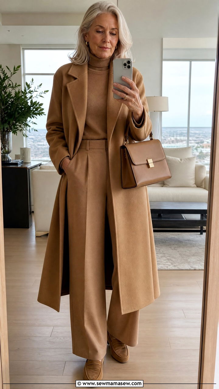Monochrome Camel Coat and Trousers - 30 Quiet luxury outfits for women over 50