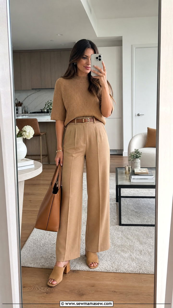 Monochrome Camel Top and Wide Leg Trousers - 25 bridal shower outfits for women over 40