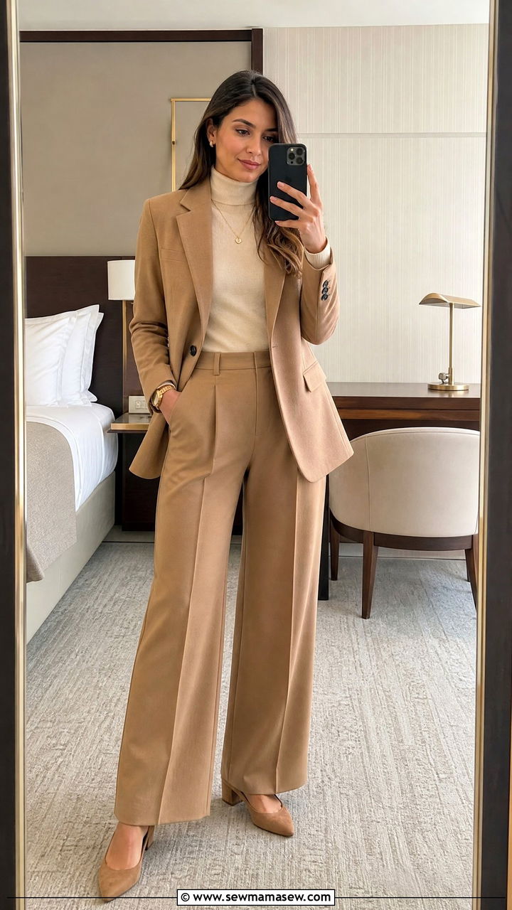 Monochrome Camel Wide Leg Trousers and Blazer - 25 Keynote speaker outfit ideas