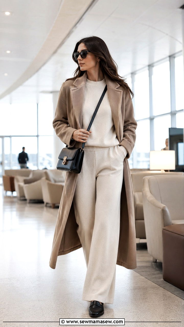Monochrome Cashmere Set With Longline Coat Travel Look - 25 Airport outfit ideas with matching set