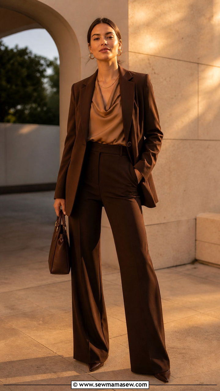 Monochrome Chocolate Brown Suit with Tonal Layers - 40 Boss lady outfit ideas