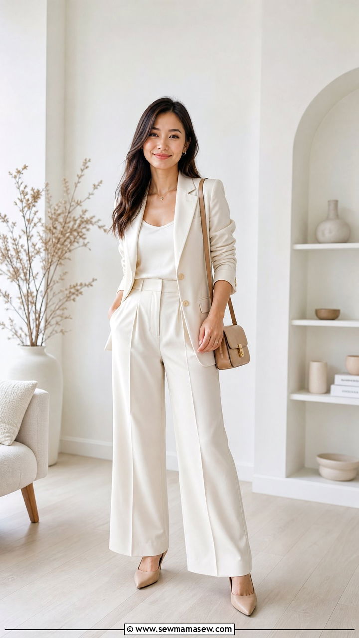 Monochrome Cream Blazer With Wide Leg Trousers - 25 Petite outfit ideas with blazer
