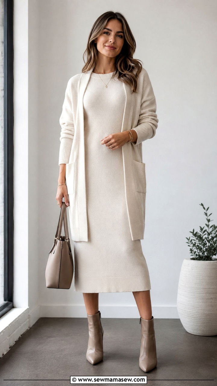 Monochrome Cream Cardigan and Knit Midi Dress with Leather Ankle Boots - 30 Midi dress outfit ideas with a cardigan