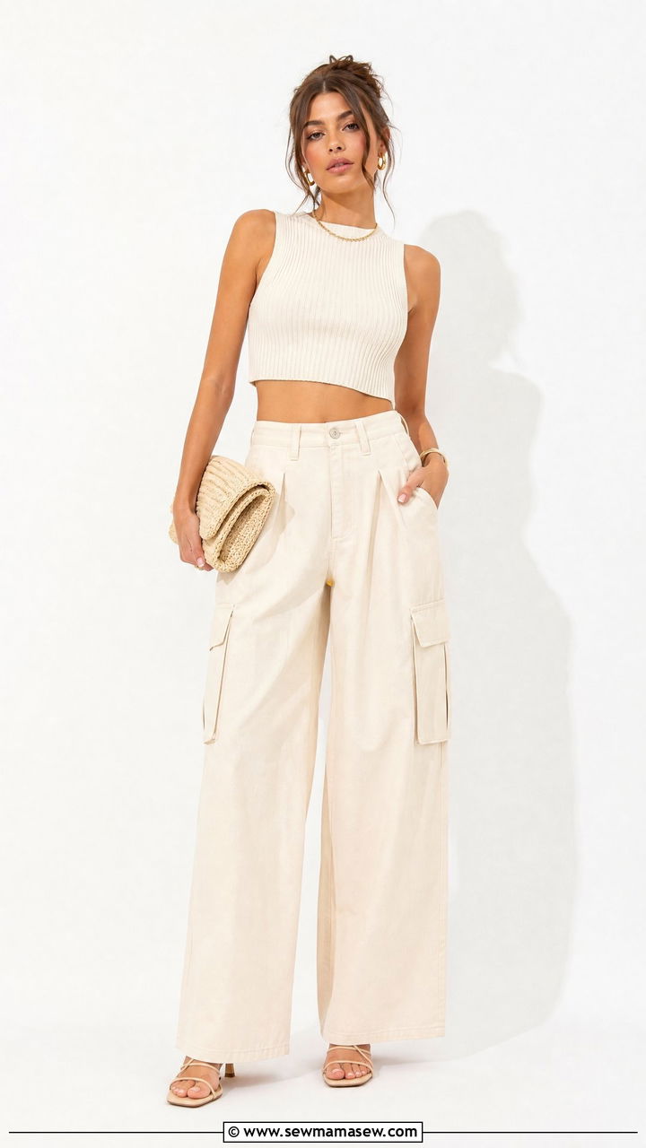 Monochrome Cream Cargo Pants with Matching Crop Top - 30 summer cargo pants outfit ideas
