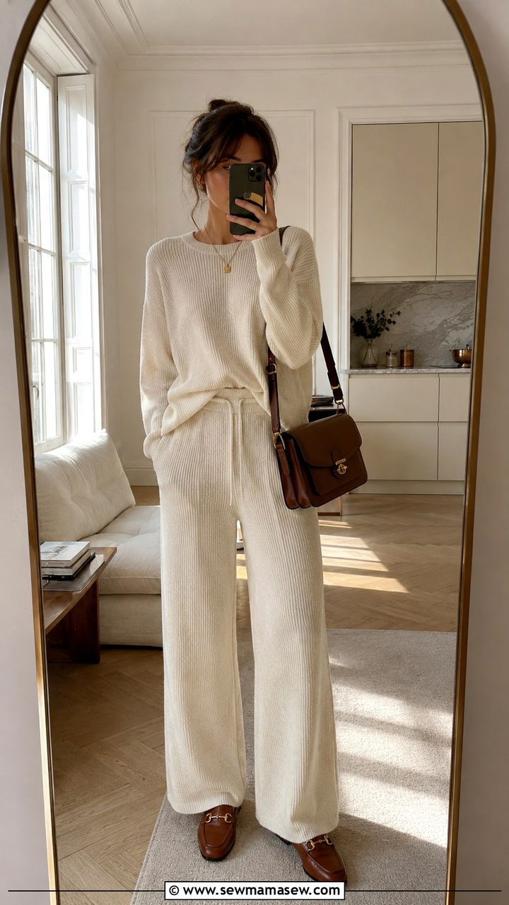 Monochrome Cream Knit Set With Satchel And Loafers - 25 poetcore outfits inspo