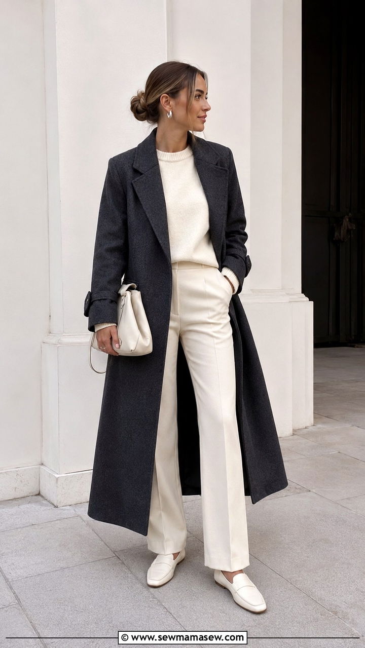 Monochrome Cream Knit Set with Long Wool Coat - 30 old money outfits inspo