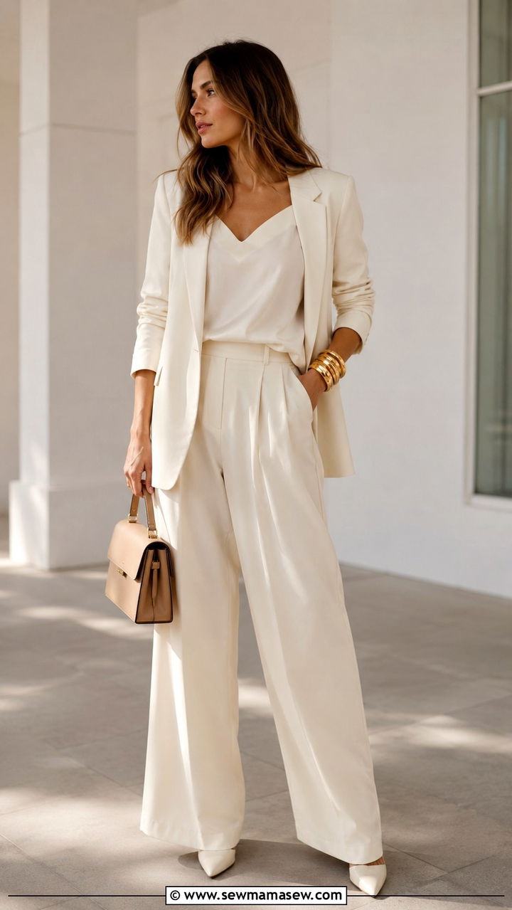 Monochrome Cream Look With Stacked Chunky Gold Bangles - 20 Glamoratti outfit ideas chunky gold jewelry