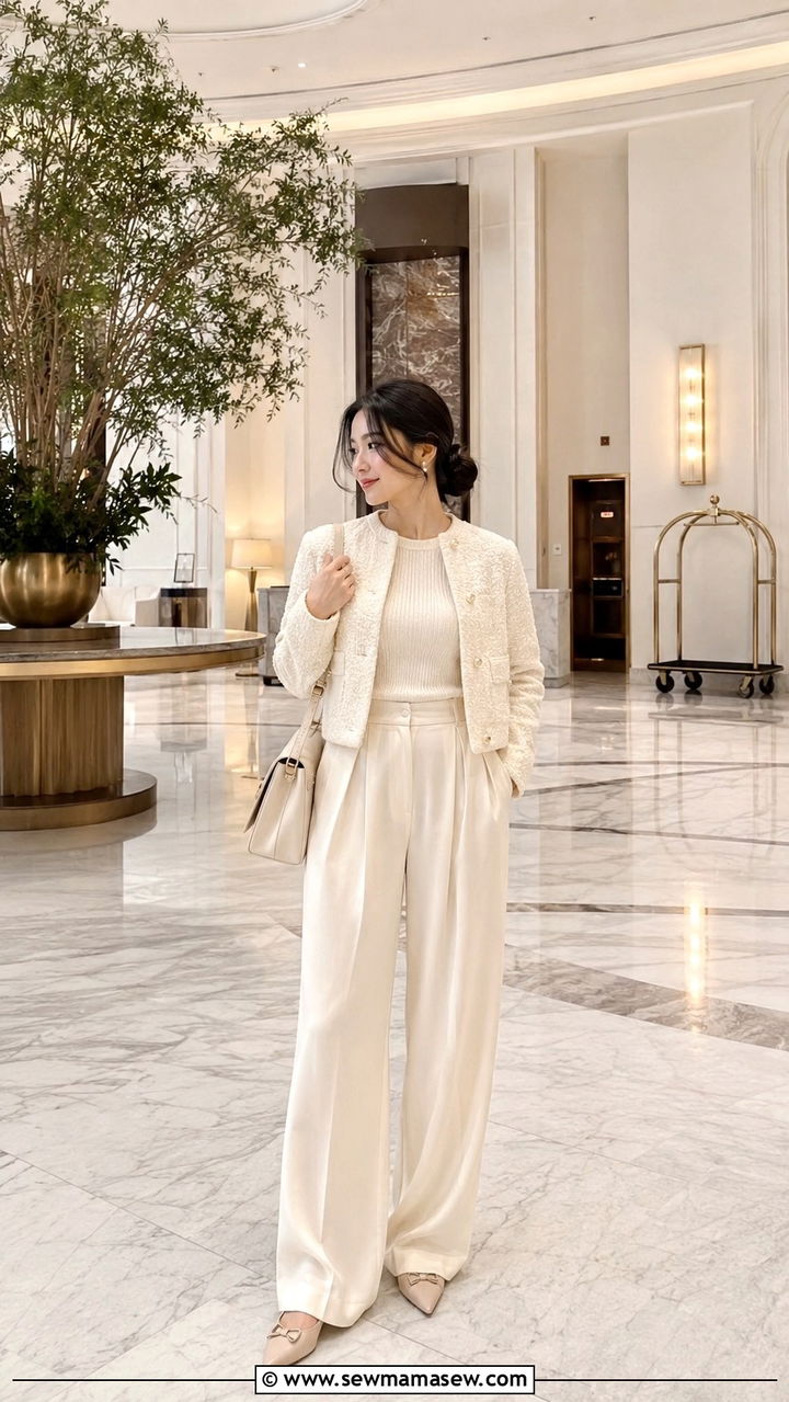 Monochrome Cream Outfit with Pointed Flats - 30 Travel outfits for petite women