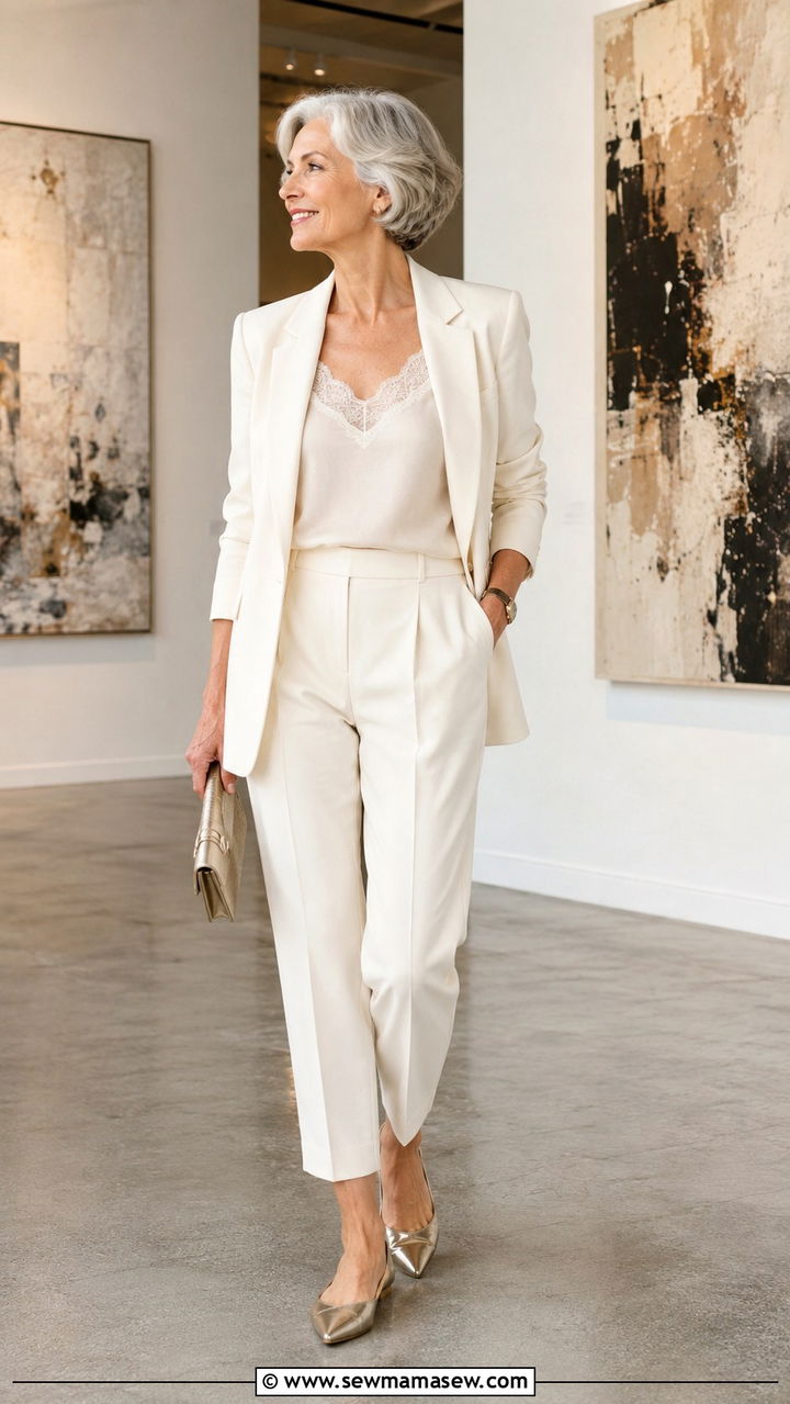 Monochrome Cream Pantsuit - 30 Night out outfit ideas women over 60