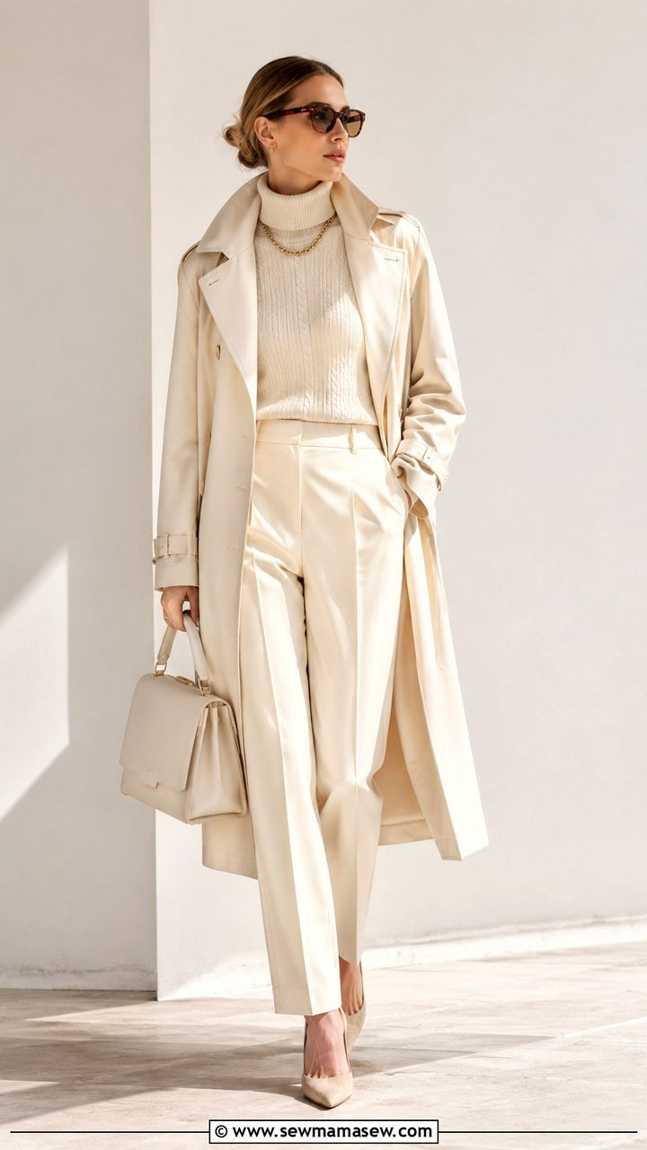 Monochrome Cream Trench Coat With Matching Knit And Trousers - 25 Old money outfit ideas with trench coat