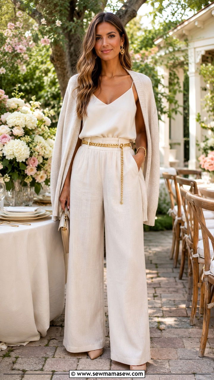 Monochrome Cream Wide Leg Linen Pants With Nude Pumps - 25 Wide leg linen pants outfit ideas with heels