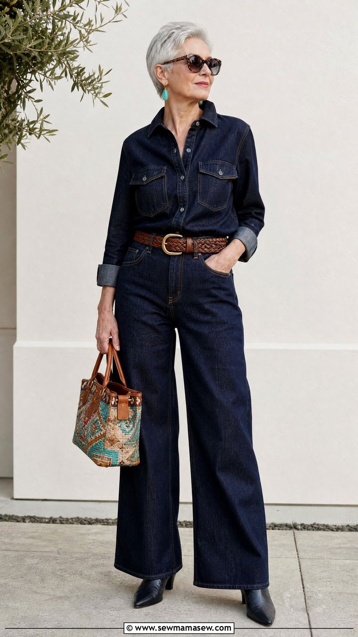 Monochrome Denim Outfit with Statement Belt - 35 Jeans outfit ideas for women over 60