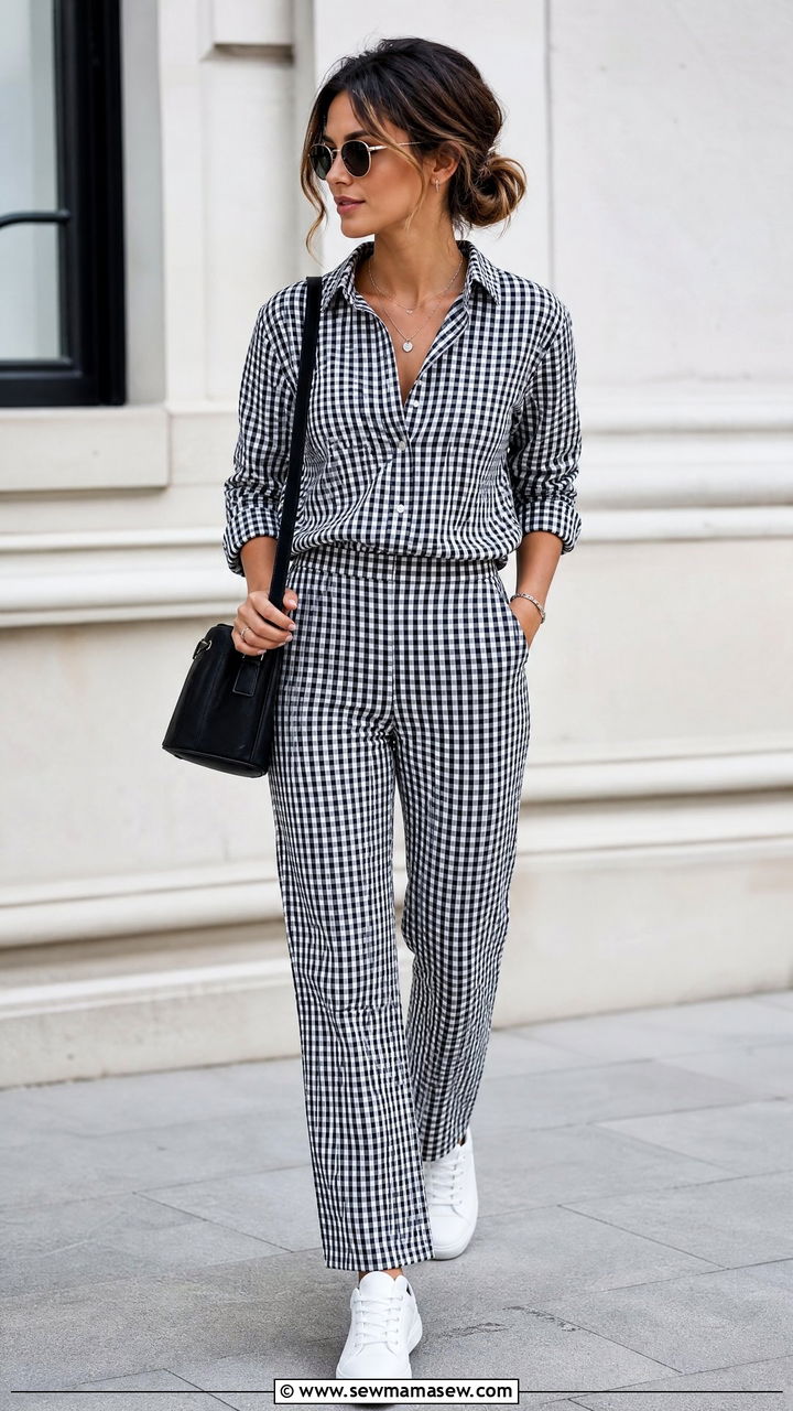 Monochrome Gingham Button Front Shirt and Straight Pants - 25 Matching set outfit ideas gingham