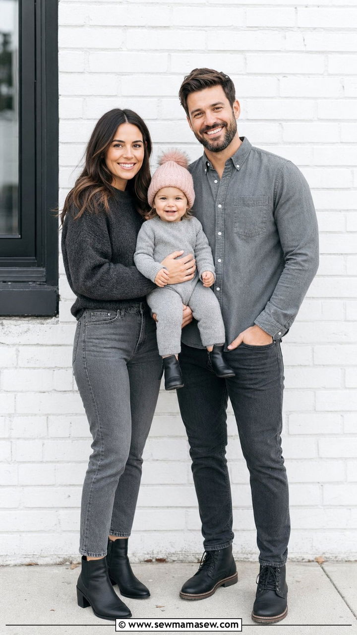 Monochrome Gray Family Outfit With a Toddler Pop Of Blush - 25 Family photo outfit ideas with toddler