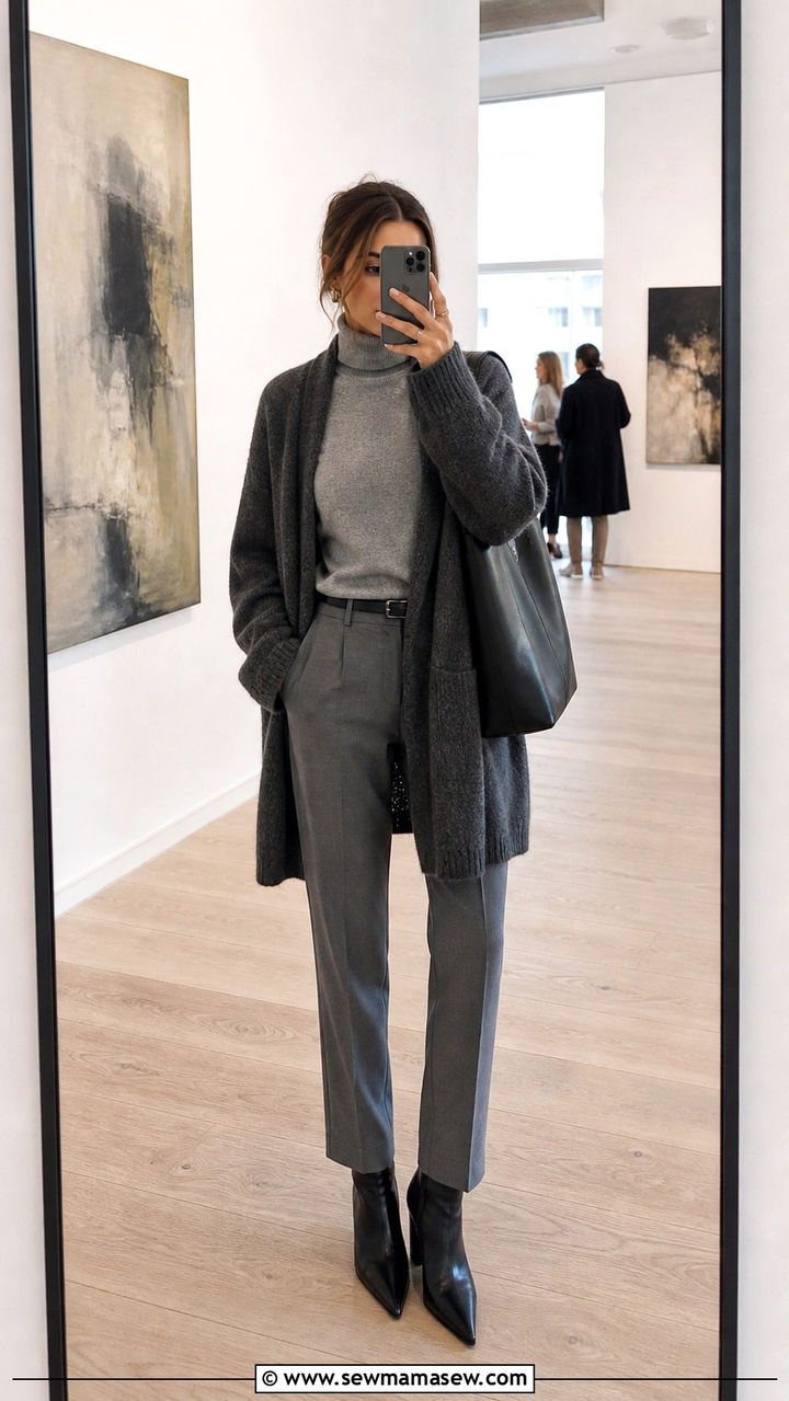 Monochrome Gray Layers With an Oversized Cardigan and Tapered Trousers - 20 Art gallery opening outfit ideas