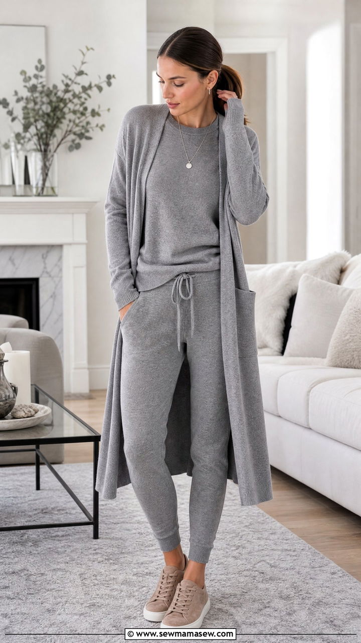 Monochrome Gray Lounge Set With a Matching Long Cardigan - 25 Gray loungewear set outfit ideas