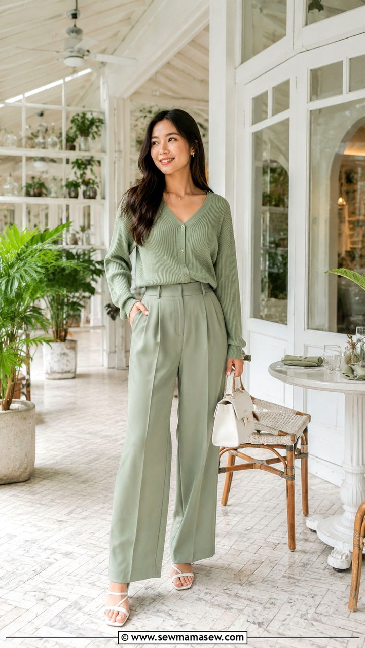 Monochrome Green Silk Pants and Knit Top - 30 Spring brunch with friends outfits