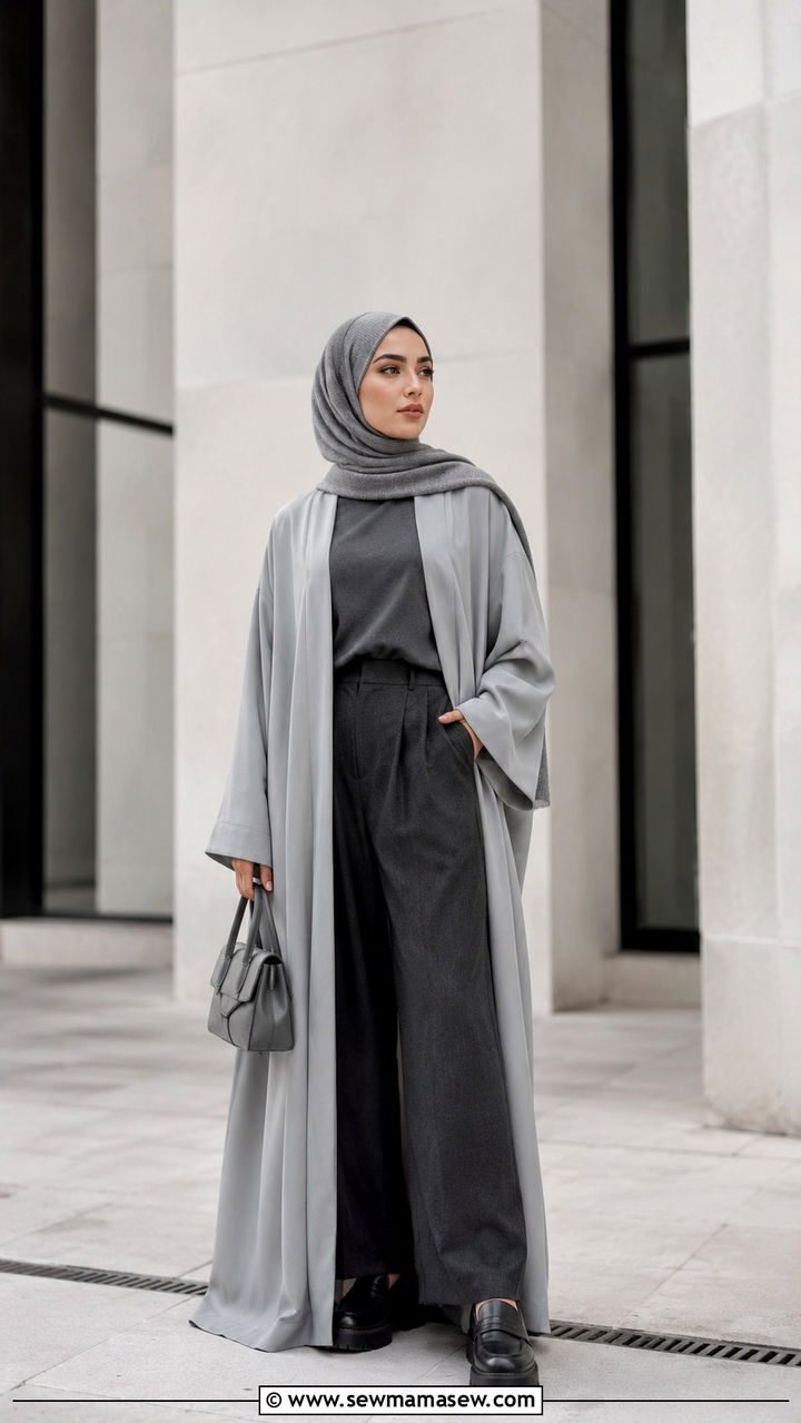 Monochrome Grey Abaya Outfit With Loafers - 30 Modest outfit ideas with abaya
