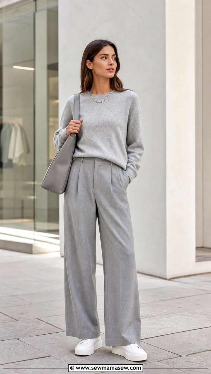 Monochrome Grey Knit with Wide Leg Trousers Outfit - 30 Retail work outfit ideas