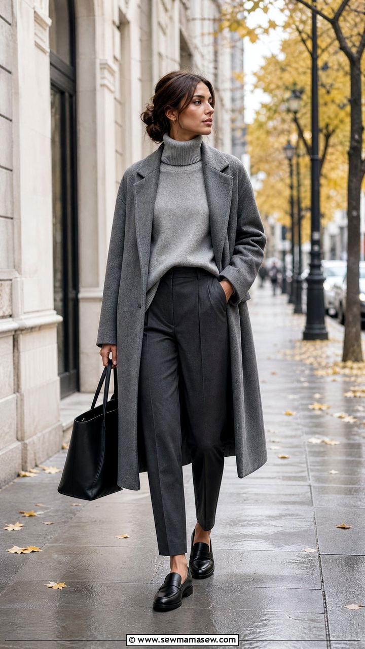 Monochrome Grey Layers With Black Leather Loafers - 25 Business casual outfits with loafers