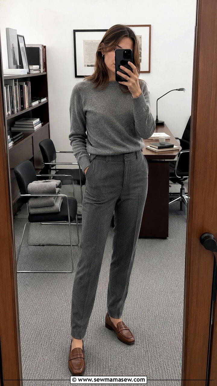 Monochrome Grey Sweater And Trousers With Brown Loafers - 25 Professor outfit ideas