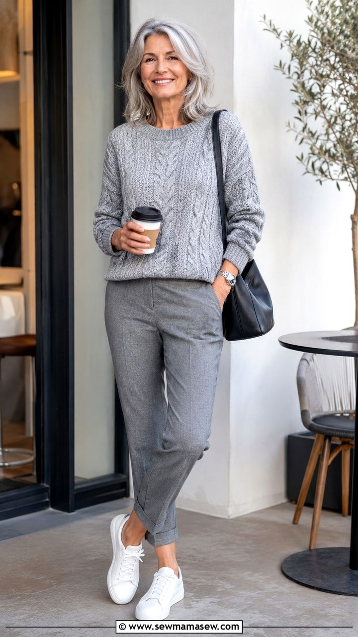 Monochrome Grey Sweater with Tailored Trousers and White Sneakers - 25 Weekend outfit ideas for women over 50