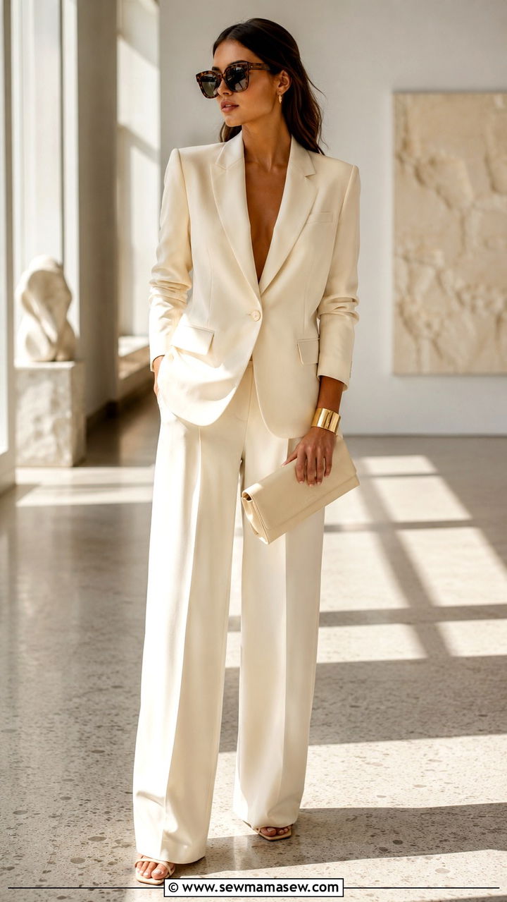Monochrome Ivory Suit With Tortoise Sunglasses - 25 Old money outfit ideas with tortoise sunglasses