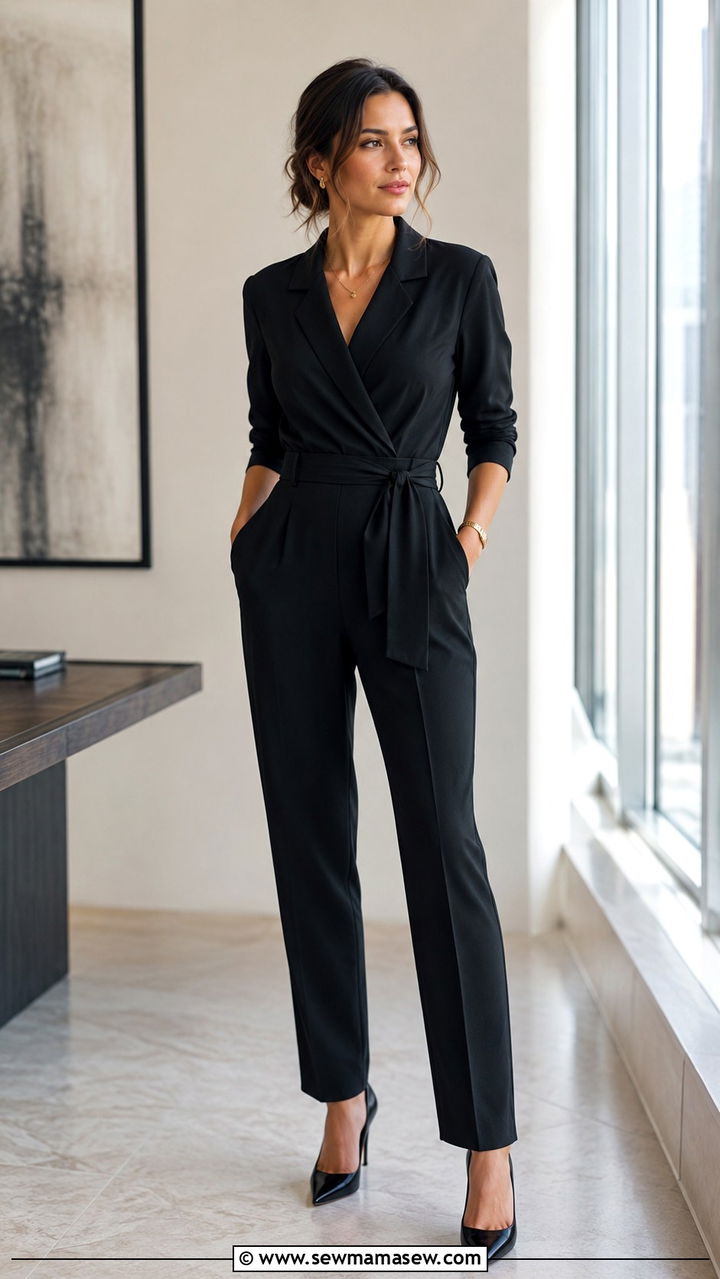 Monochrome Jumpsuit with Belted Waist - 25 work outfits for rectangle body shape