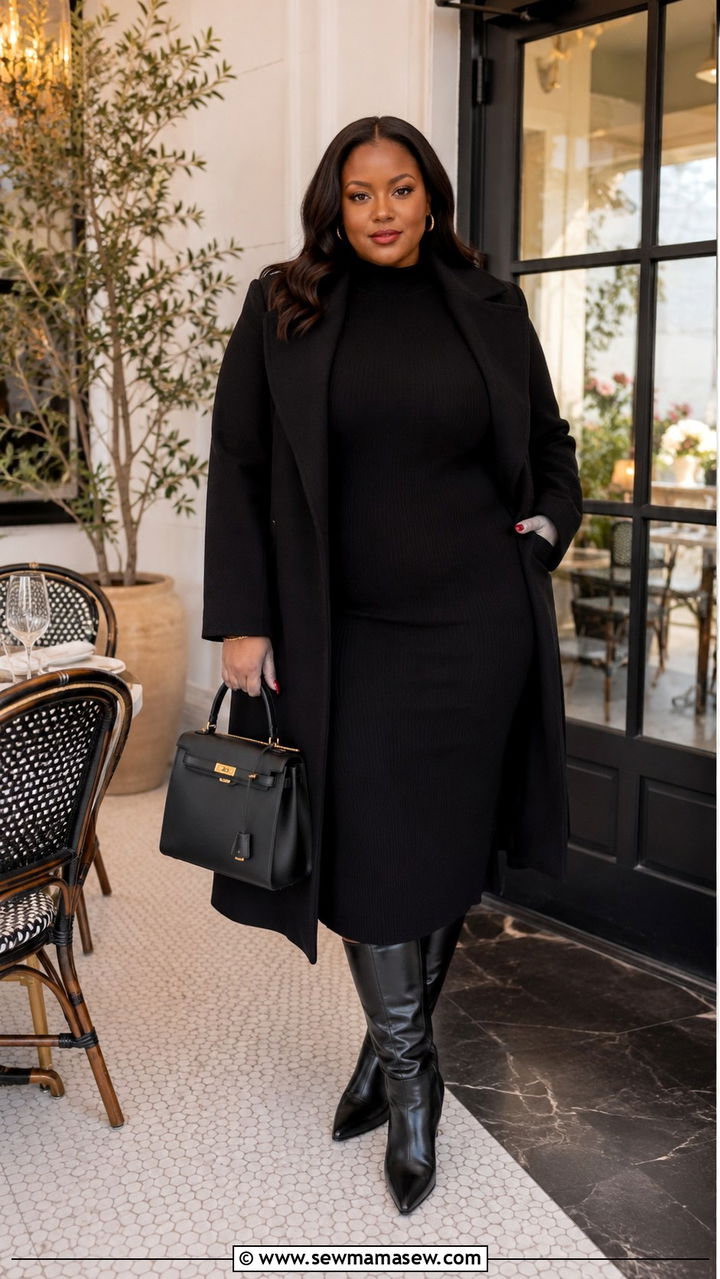 Monochrome Knit Dress with Tailored Coat - 30 Plus size brunch outfits