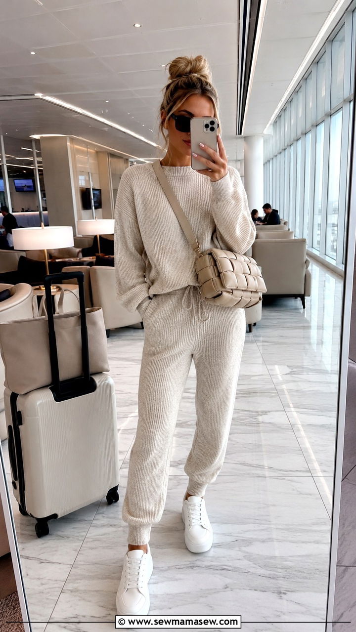 Monochrome Knit Jogger Set Airport Outfit - 25 Airport outfit ideas for Europe