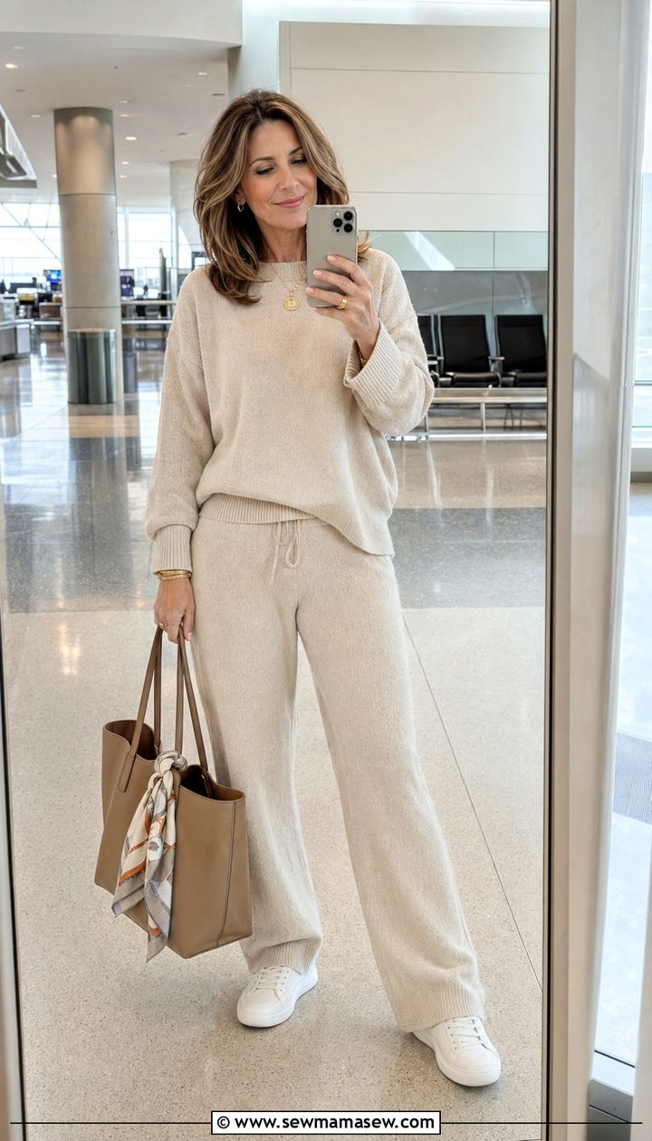 Monochrome Knit Lounge Set Airport Outfit - 35 Airport outfits for women over 40